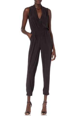 Laundry V-Neck Zipper Front Sleeveless Ruched Solid Jumpsuit - By Baano