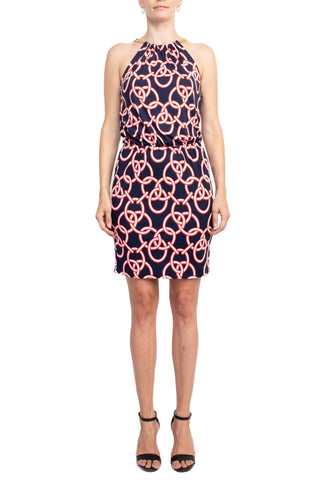 Johnston & Murphy Chain Neck Halter Necklace Elastic Waist Blouson Solid & Multi Print Reversible ITY Dress - By Baano