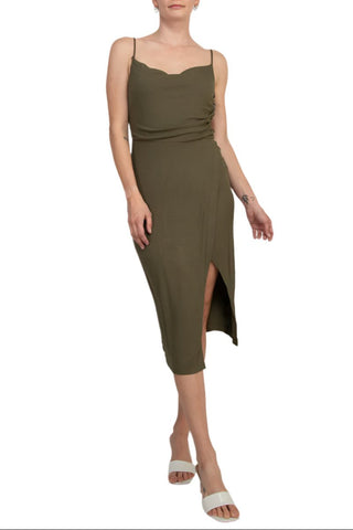 Laundry Spaghetti Strap Adjustable Strap Cowl Neck Slit Side Zipper Back Solid Knit Dress - By Baano