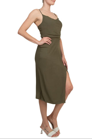 Laundry Spaghetti Strap Adjustable Strap Cowl Neck Slit Side Zipper Back Solid Knit Dress - By Baano
