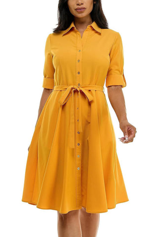 Sharagano Collared Short Tie Waist Solid Scuba Crepe Dress - Glamourous Grace