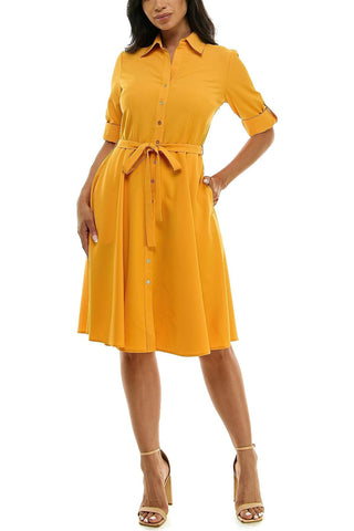 Sharagano Collared Short Tie Waist Solid Scuba Crepe Dress - Glamourous Grace