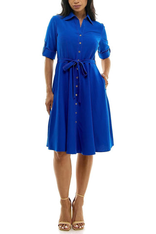 Sharagano Collared Short Tie Waist Solid Scuba Crepe Dress - Glamourous Grace