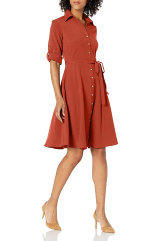 Sharagano Collared Short Tie Waist Solid Scuba Crepe Dress - Glamourous Grace