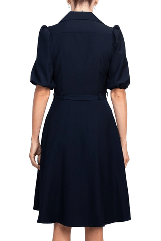 Sharagano Collared Short Sleeve Button Front Closure Tie Waist Solid Stretch Crepe Dress With Pockets - Glamourous Grace