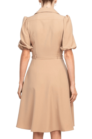 Sharagano Collared Short Sleeve Button Front Closure Tie Waist Solid Stretch Crepe Dress With Pockets - Glamourous Grace