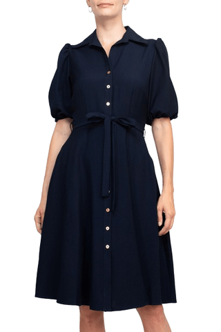 Sharagano Collared Short Sleeve Button Front Closure Tie Waist Solid Stretch Crepe Dress With Pockets - Glamourous Grace