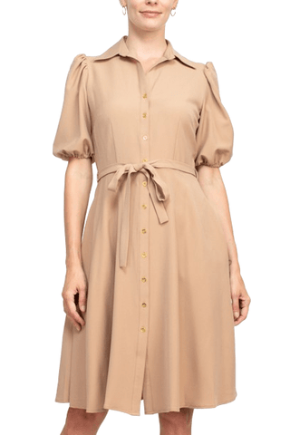 Sharagano Collared Short Sleeve Button Front Closure Tie Waist Solid Stretch Crepe Dress With Pockets - Glamourous Grace