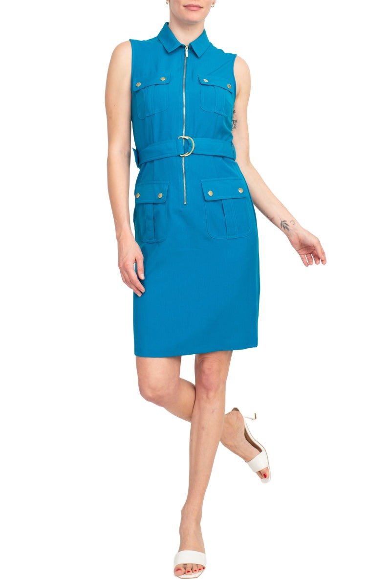Stylish Sharagano Belted Zip Front Dress with Pockets - Glamourous Grace