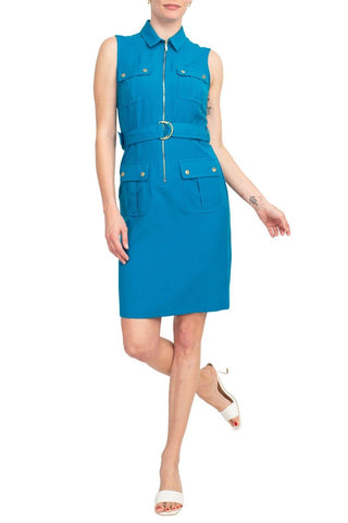 Stylish Sharagano Belted Zip Front Dress with Pockets - Glamourous Grace