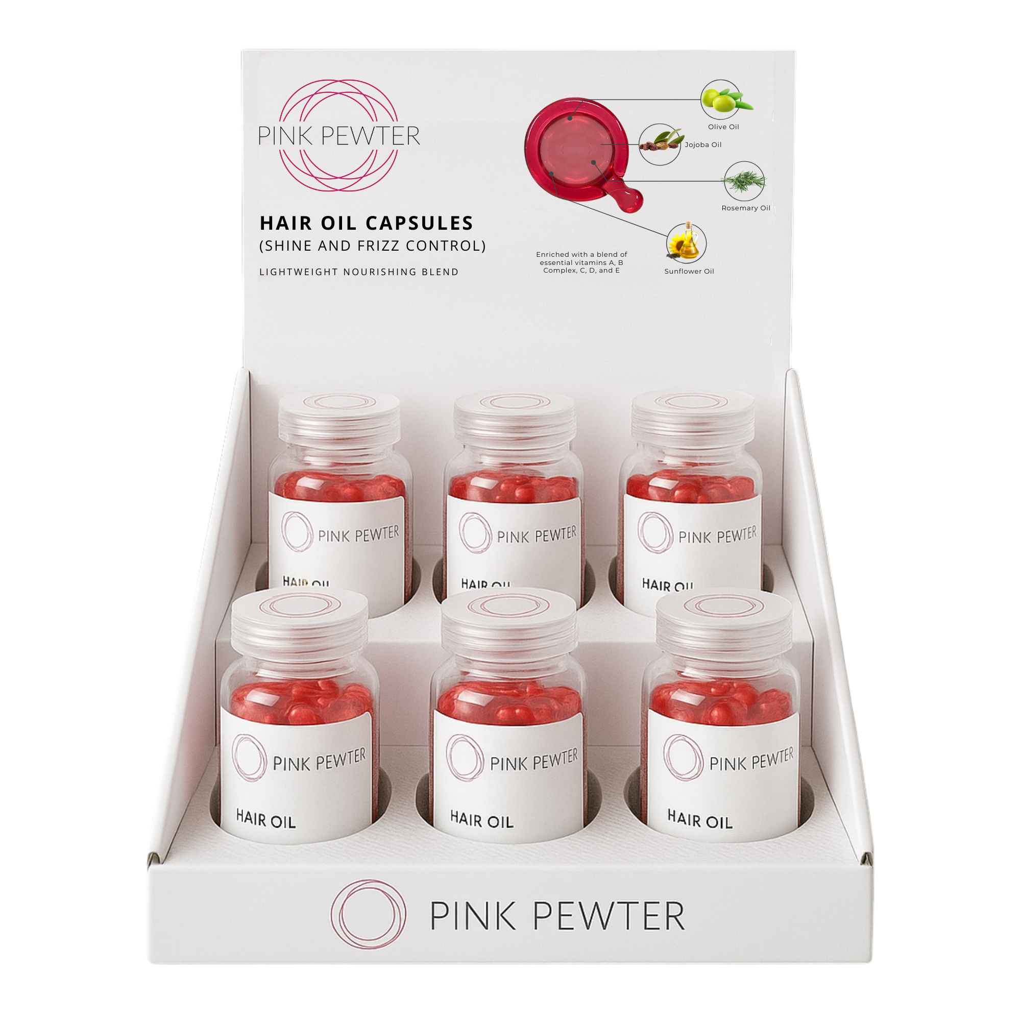 Lightweight Hair Oil Capsules - Nourishing Blend with Olive, Jojoba, Sunflower Seed and Rosemary Oil (Shine and Frizz Control) - 6 Pack with Display