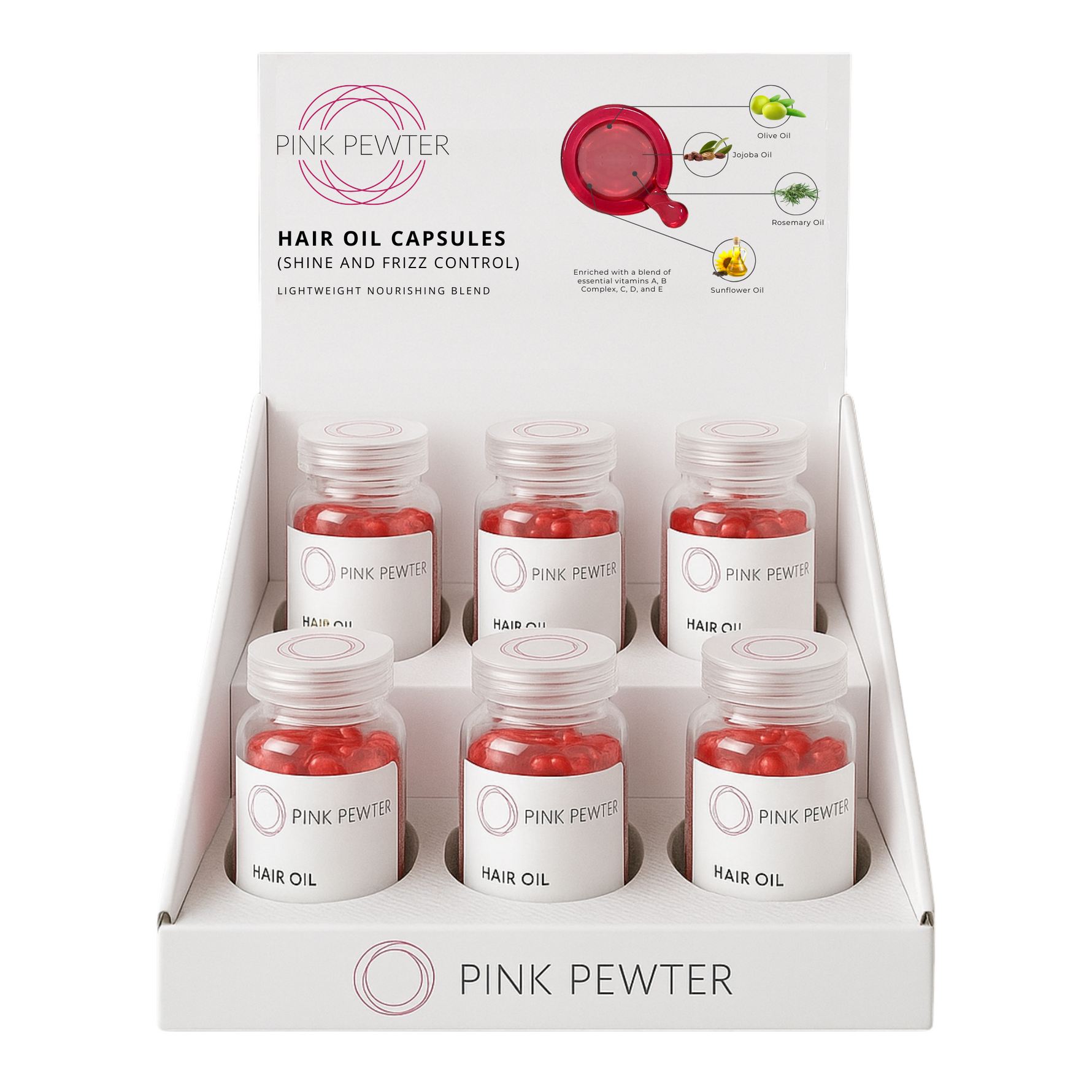 Lightweight Hair Oil Capsules - Nourishing Blend with Olive, Jojoba, Sunflower Seed and Rosemary Oil (Shine and Frizz Control) - 6 Pack with Display