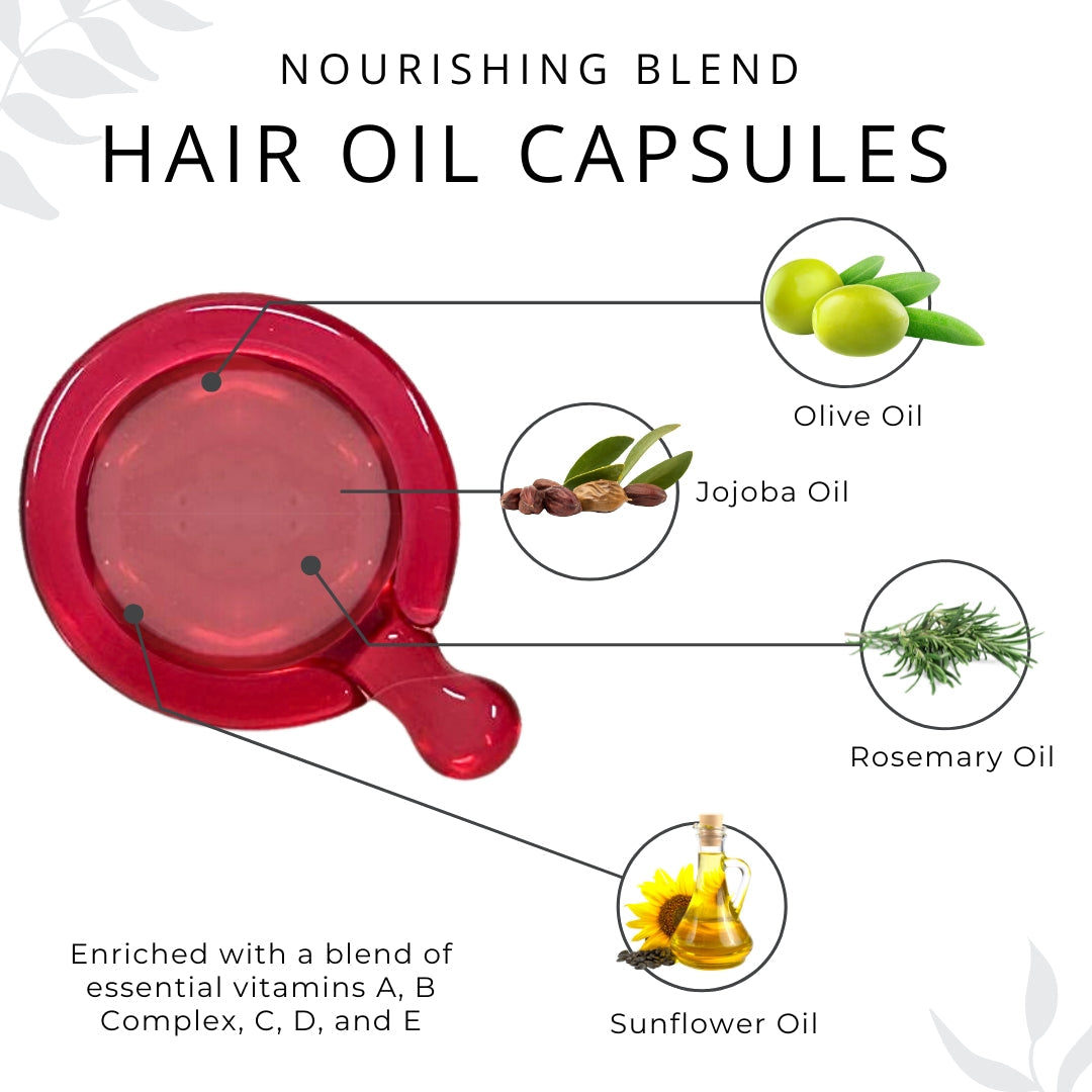 Lightweight Hair Oil Capsules - Nourishing Blend with Olive, Jojoba, Sunflower Seed and Rosemary Oil (Shine and Frizz Control) - 6 Pack with Display