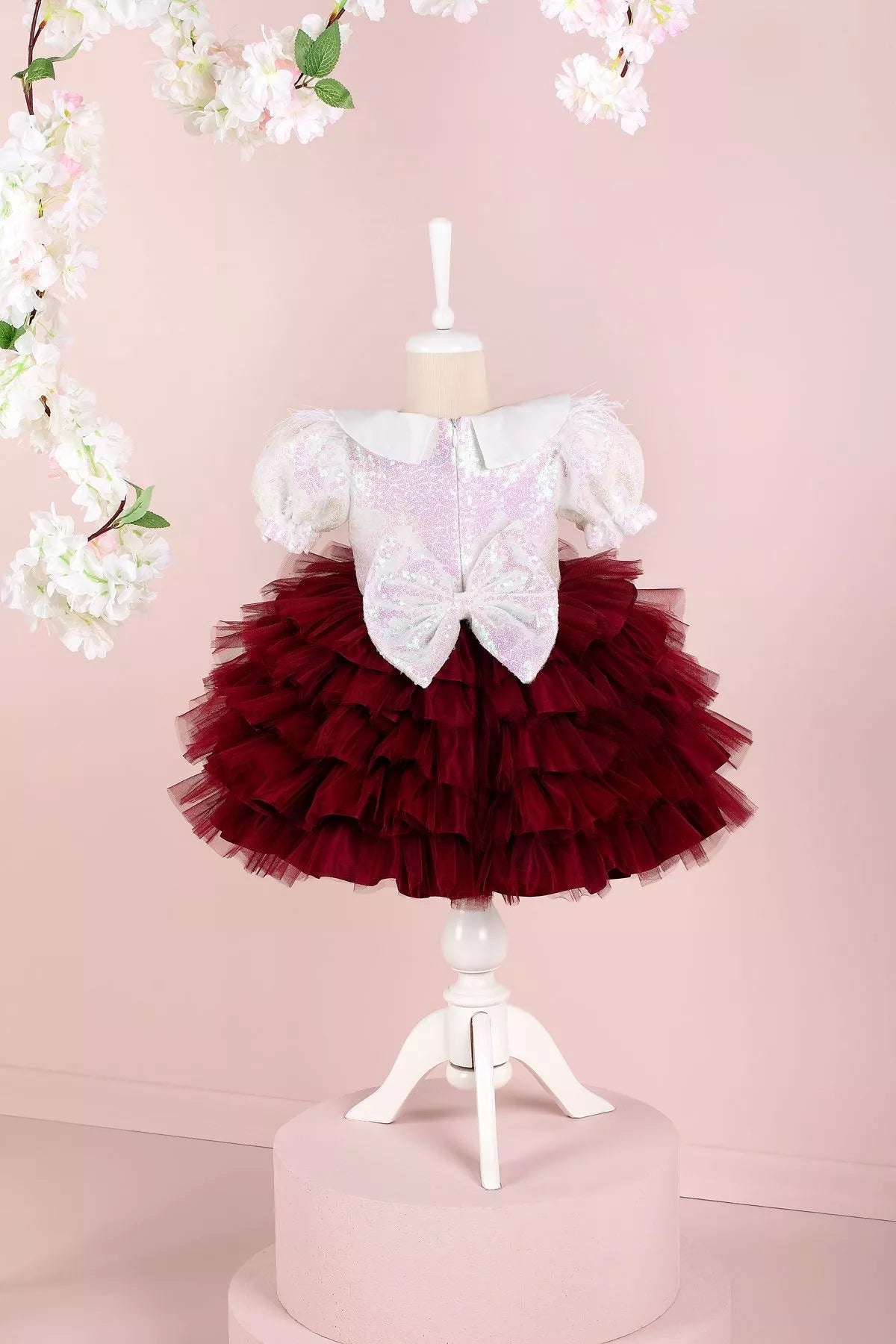 Helena White & Burgundy Party Dress - By Baano