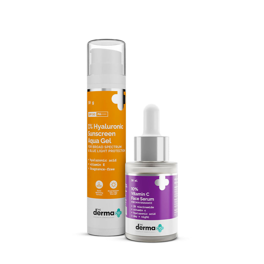 The Derma Co Radiance Combo - 10% Vitamin C Serum & 1% Hyaluronic Sunscreen Gel SPF 50 PA++++