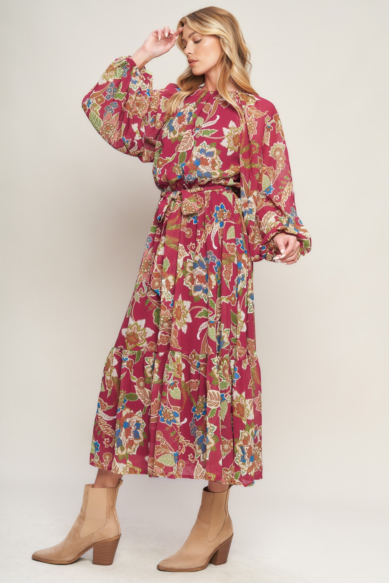 FLORALLY CHIC WOVEN MIDI DRESS Flying Tomato