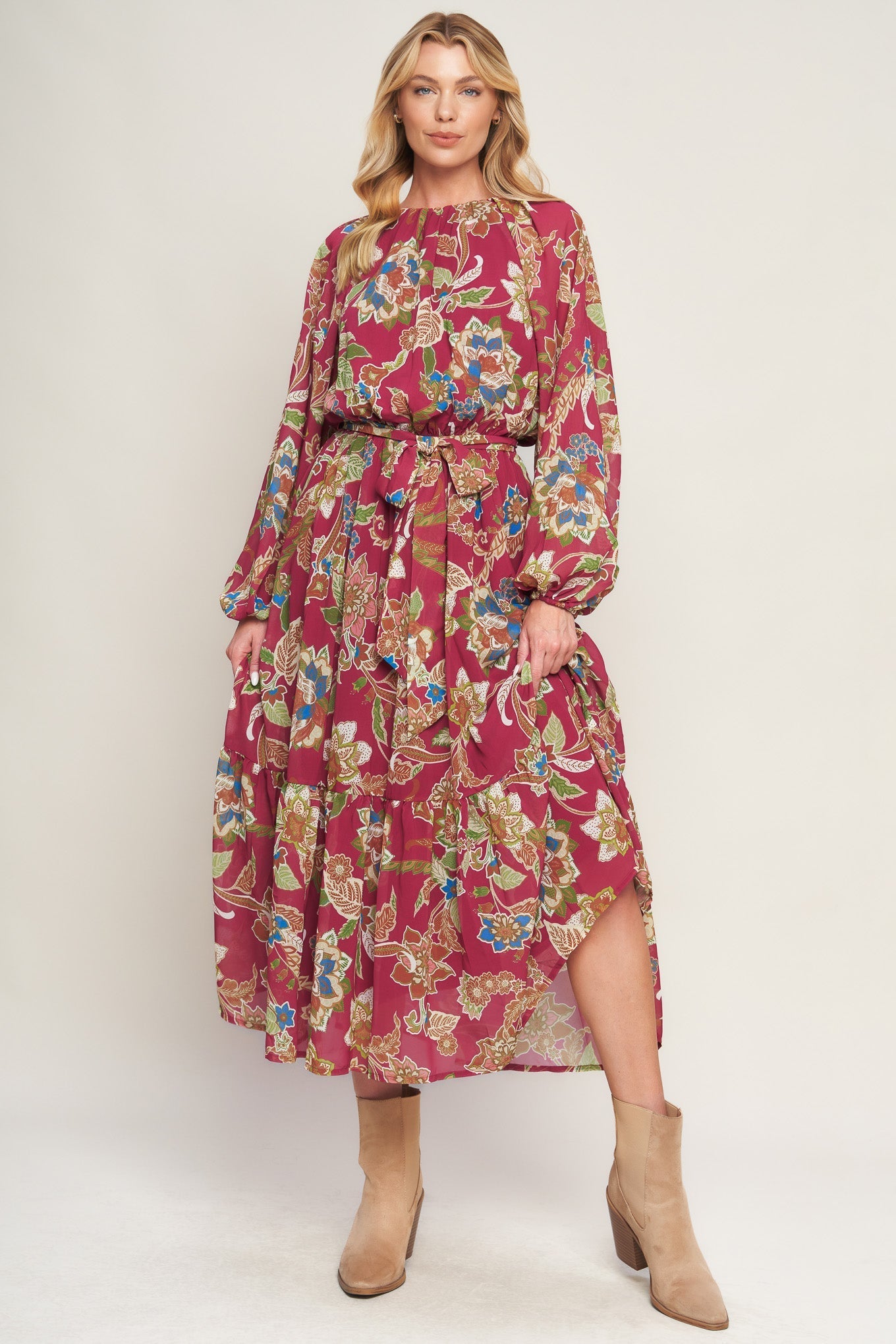 FLORALLY CHIC WOVEN MIDI DRESS Flying Tomato