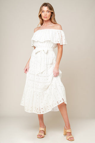 CATCHING MY BREATH EYELET MIDI DRESS - By Baano