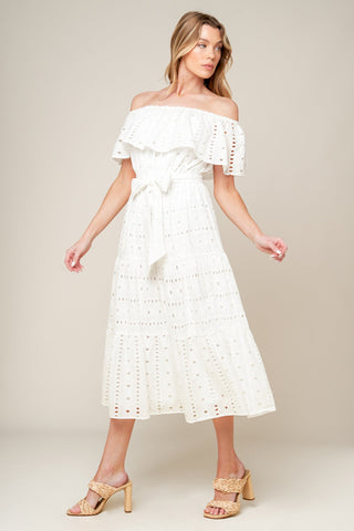 CATCHING MY BREATH EYELET MIDI DRESS - By Baano