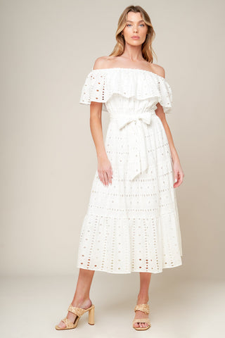 CATCHING MY BREATH EYELET MIDI DRESS - By Baano