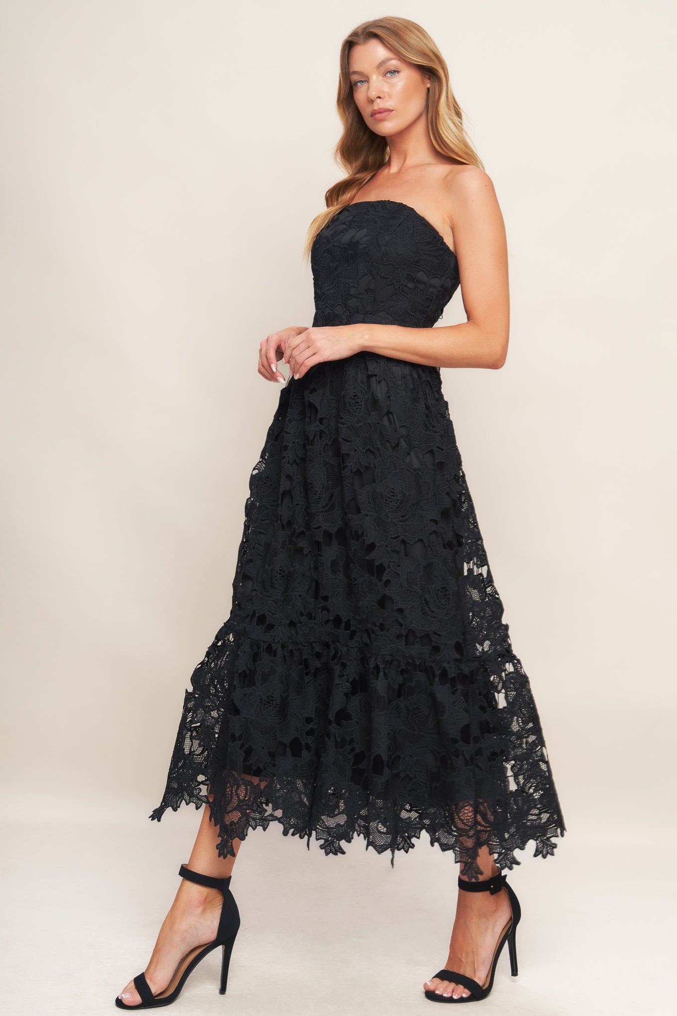 CAREFREE NIGHTS BLACK LACE MIDI DRESS - By Baano