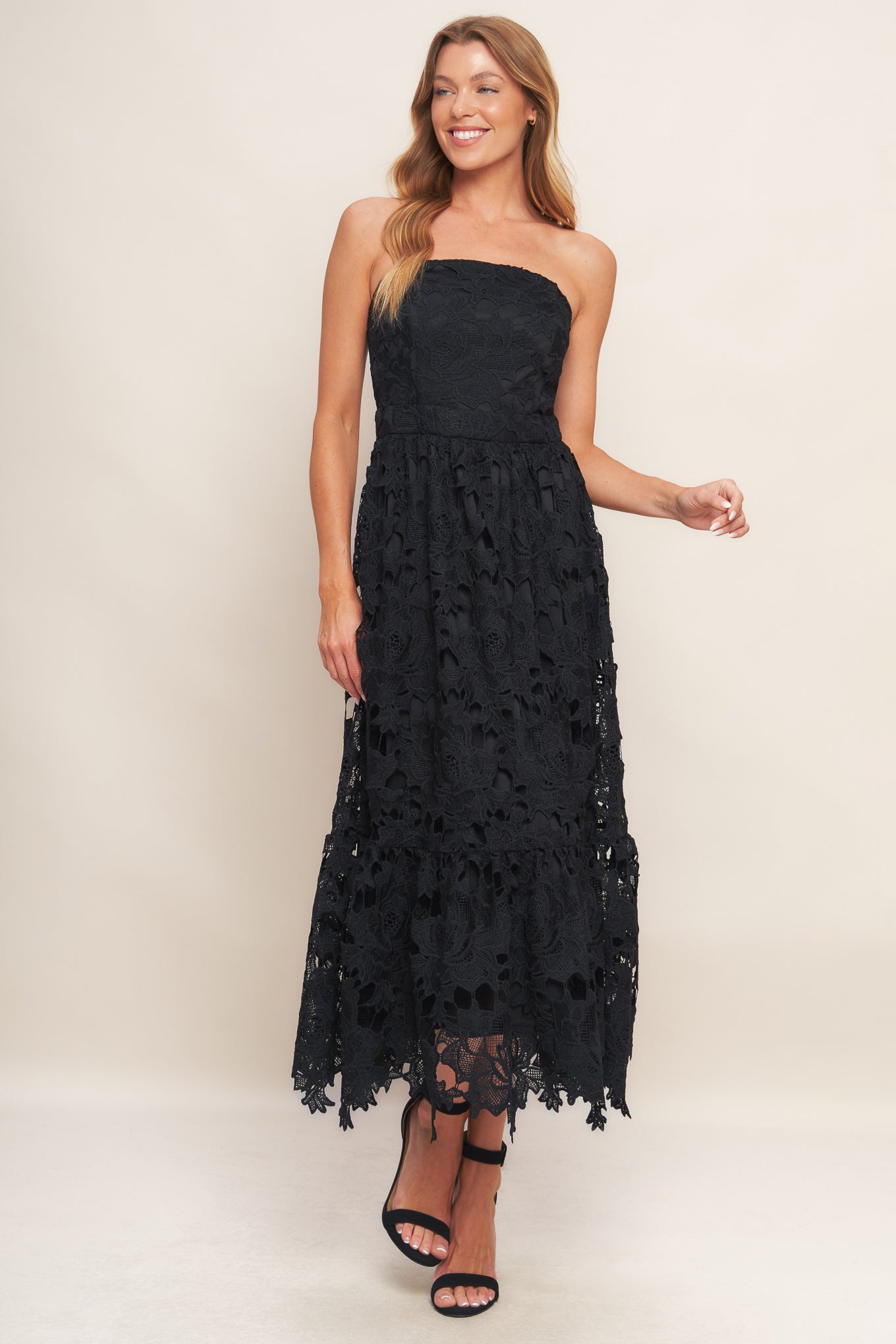 CAREFREE NIGHTS BLACK LACE MIDI DRESS - By Baano