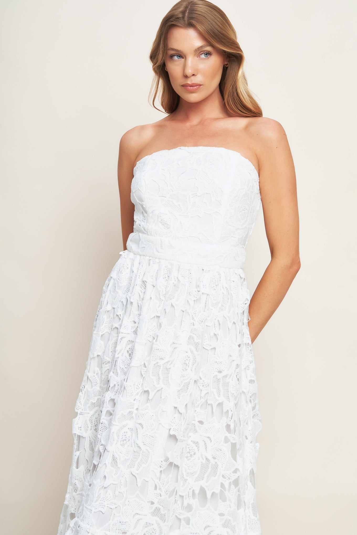 CAREFREE NIGHTS LACE OFF WHITE MIDI DRESS - By Baano