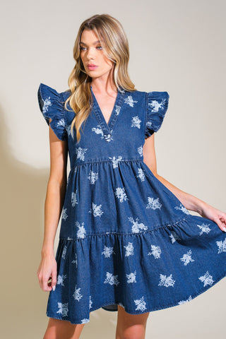 ROMANTICALLY ENTANGLED DENIM MINI DRESS - By Baano
