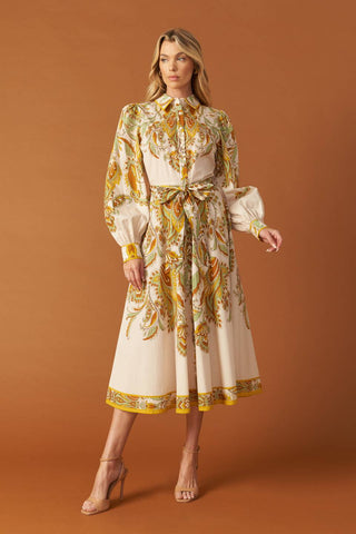 FIELDS OF GOLD WOVEN MIDI SHIRT DRESS - By Baano