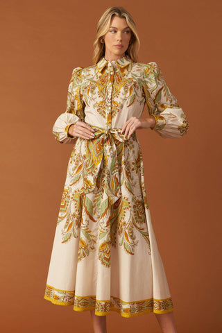 FIELDS OF GOLD WOVEN MIDI SHIRT DRESS - By Baano