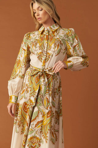 FIELDS OF GOLD WOVEN MIDI SHIRT DRESS - By Baano