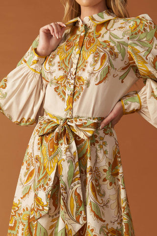 FIELDS OF GOLD WOVEN MIDI SHIRT DRESS - By Baano