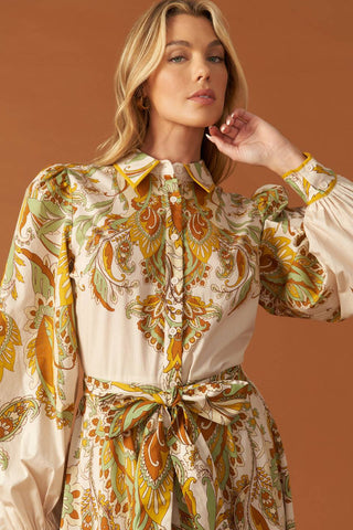 FIELDS OF GOLD WOVEN MIDI SHIRT DRESS - By Baano