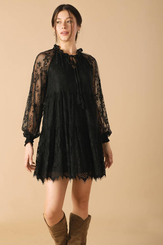 THIS & THAT BLACK WOVEN LACE MINI DRESS - By Baano