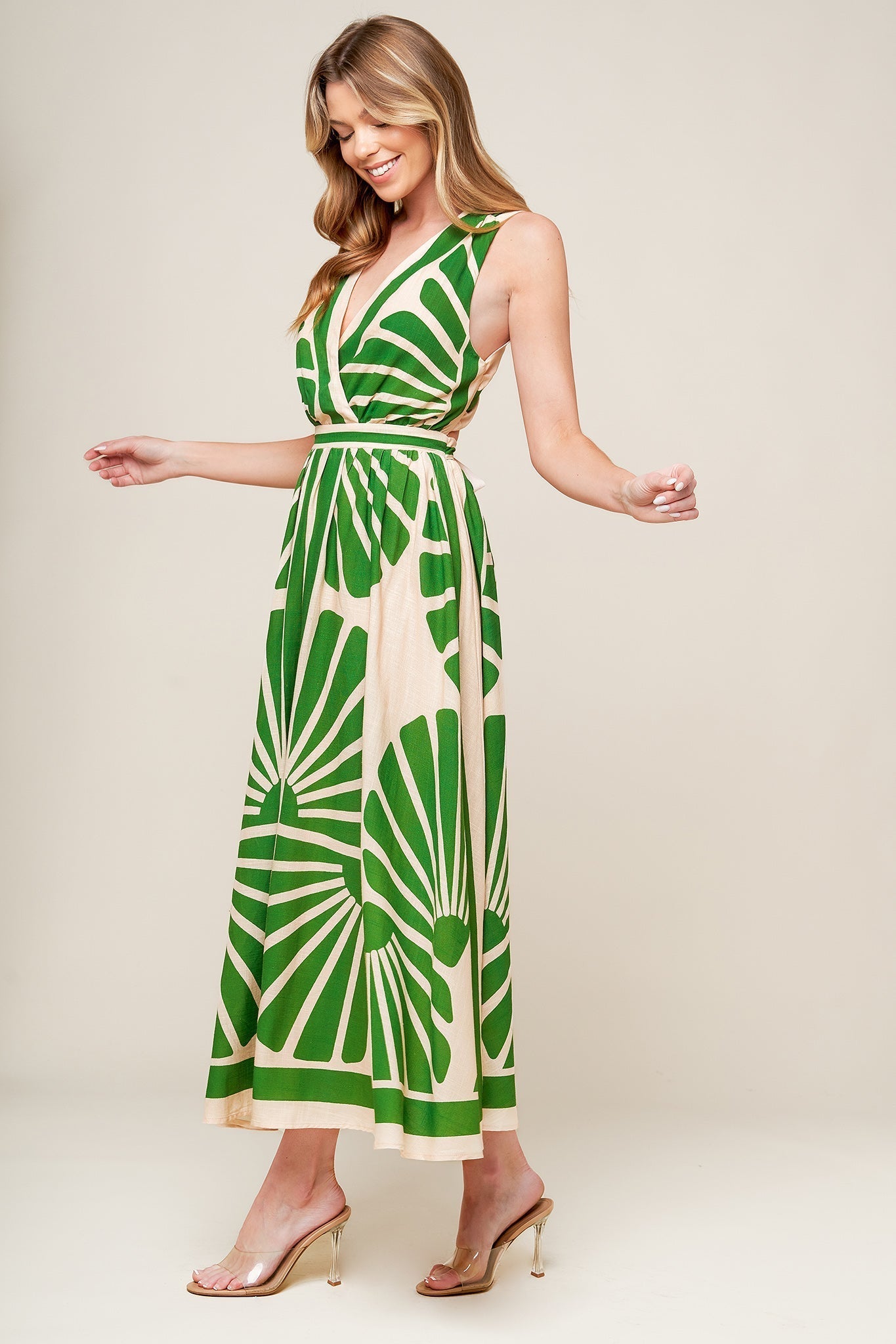 SWEPT ME OFF MY FEET GREEN WOVEN MIDI DRESS