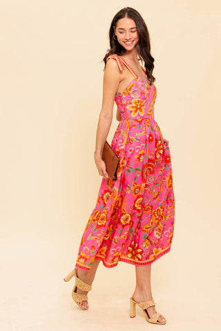 GARDEN GATHERING PINK WOVEN MIDI DRESS - By Baano
