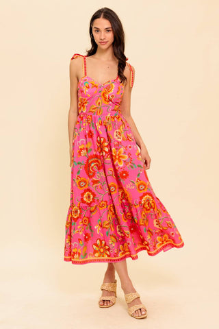 GARDEN GATHERING PINK WOVEN MIDI DRESS - By Baano