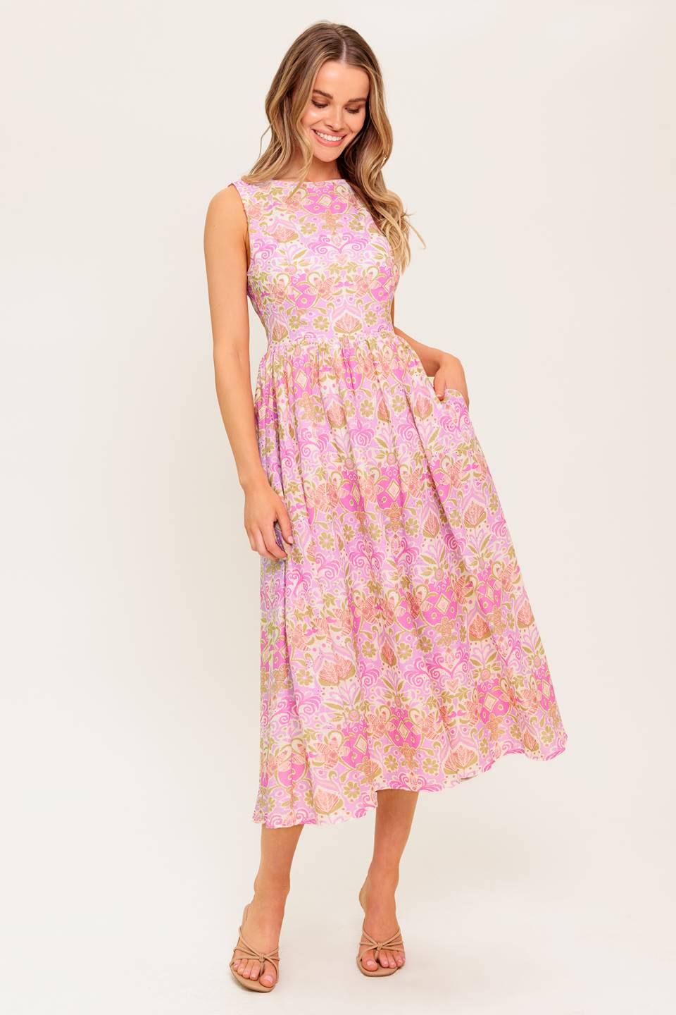 UNDER THE SUN PINK WOVEN MIDI DRESS - By Baano
