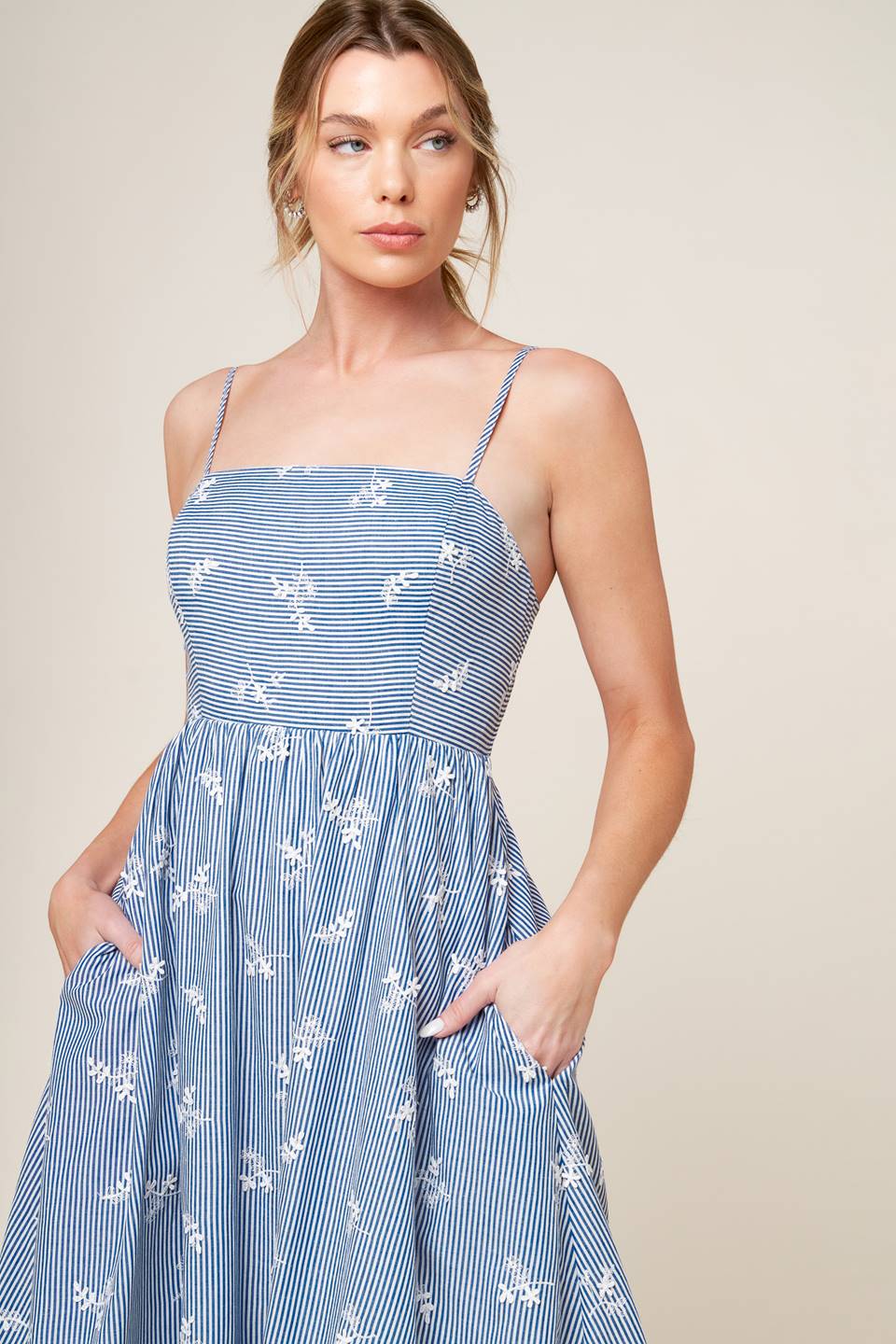 LAYTON IVORY BLUE WOVEN MIDI DRESS - By Baano
