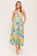 SUNLIT GARDEN PINK BLUE WOVEN MIDI DRESS - By Baano