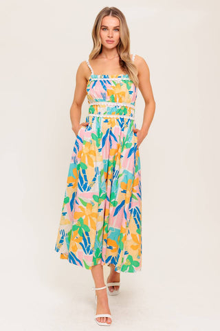 SUNLIT GARDEN PINK BLUE WOVEN MIDI DRESS - By Baano