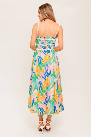 SUNLIT GARDEN PINK BLUE WOVEN MIDI DRESS - By Baano