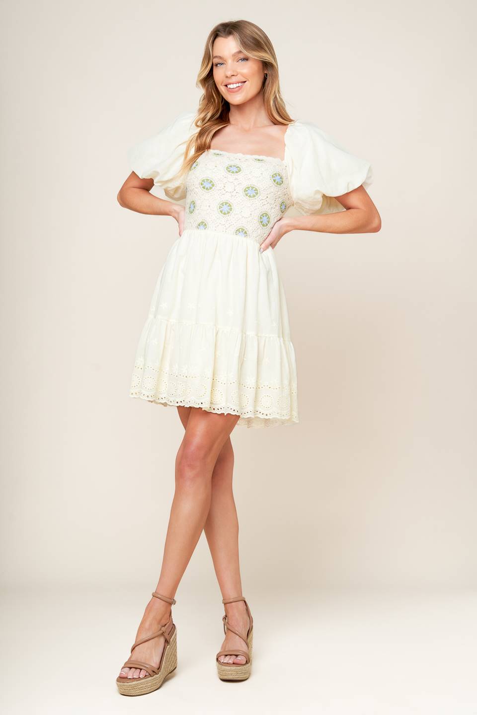 LOLA GRASS CREAM WOVEN MINI DRESS - By Baano