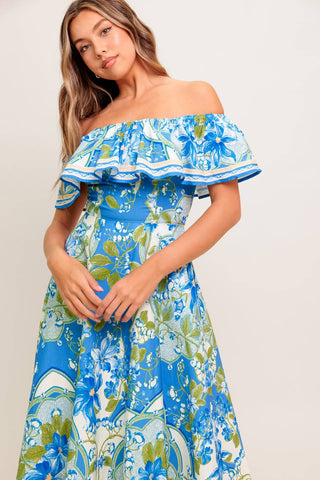 TROPICAL HAZE POWDER BLUE WOVEN MIDI DRESS - By Baano
