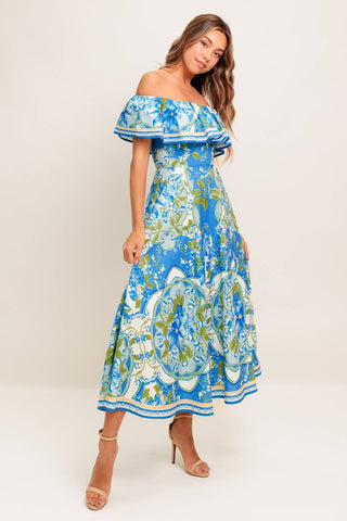 TROPICAL HAZE POWDER BLUE WOVEN MIDI DRESS - By Baano