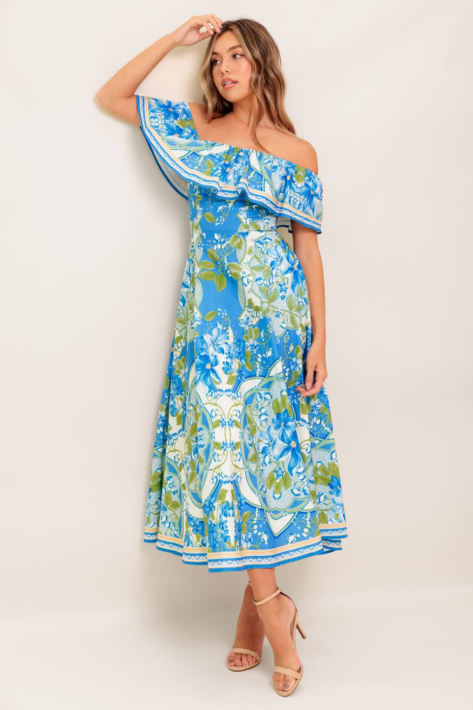 TROPICAL HAZE POWDER BLUE WOVEN MIDI DRESS - By Baano