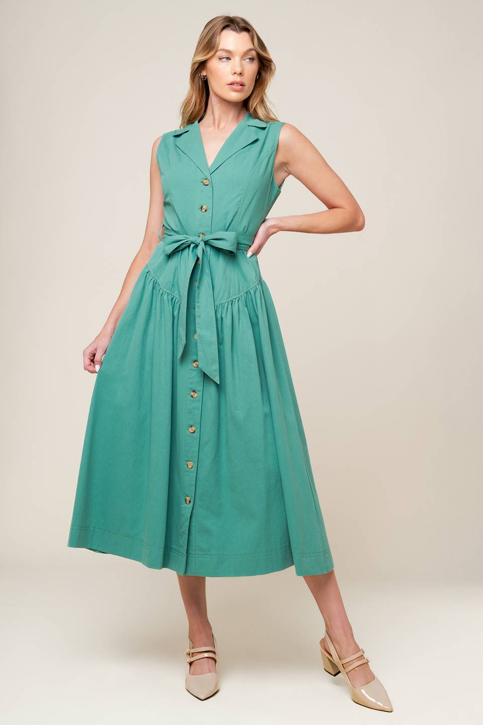 WISHING WELL TEAL GREEN WOVEN MIDI DRESS - By Baano