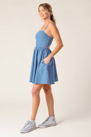 BACK IN LOVE DENIM MINI DRESS - By Baano