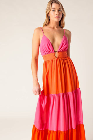 REGAL RISE WOVEN COLOR BLOCKED MAXI DRESS - By Baano