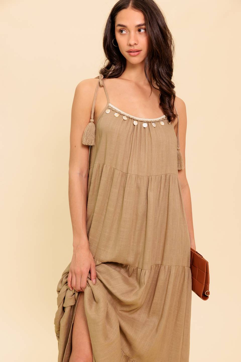 WORLD OF POSSIBLILITIES TAUPE WOVEN MAXI DRESS - By Baano